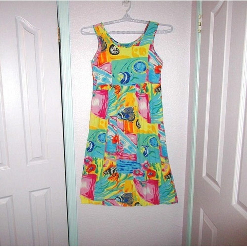 Vtg 80s Babydoll Midi Dress Size S Pockets Sleeveless Pleated Patchwork Hawaiian